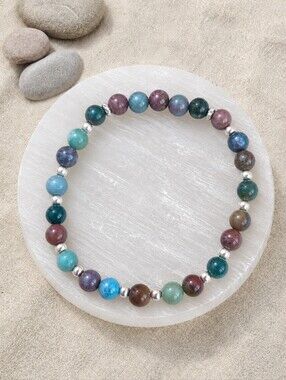 Indian Agate & Silver Hematite Beaded Stretch Bracelet | Handmade